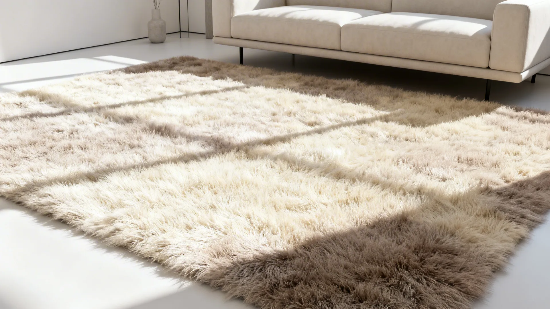 Minimalist living room with a large neutral faux fur rug creating a light, airy atmosphere.