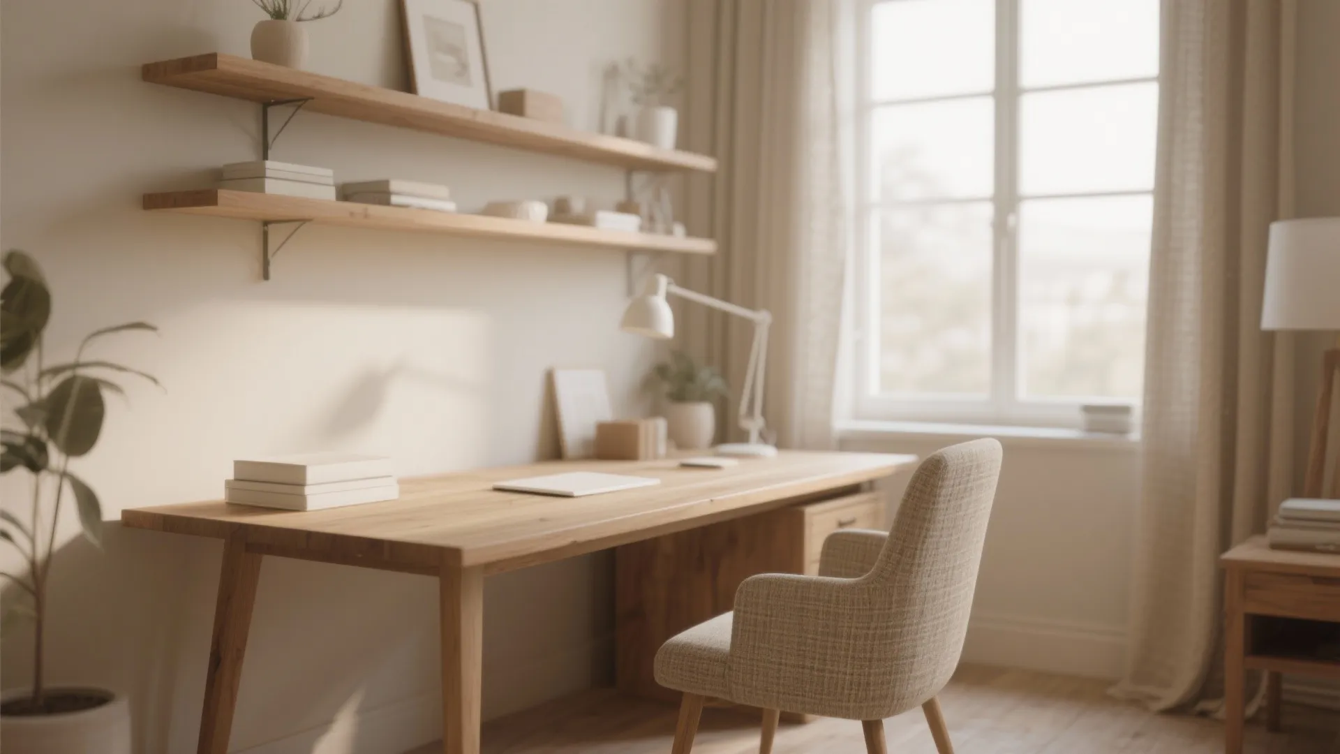 Neutral home office with wooden desk beige fabric chair wall shelves lamp and bright window