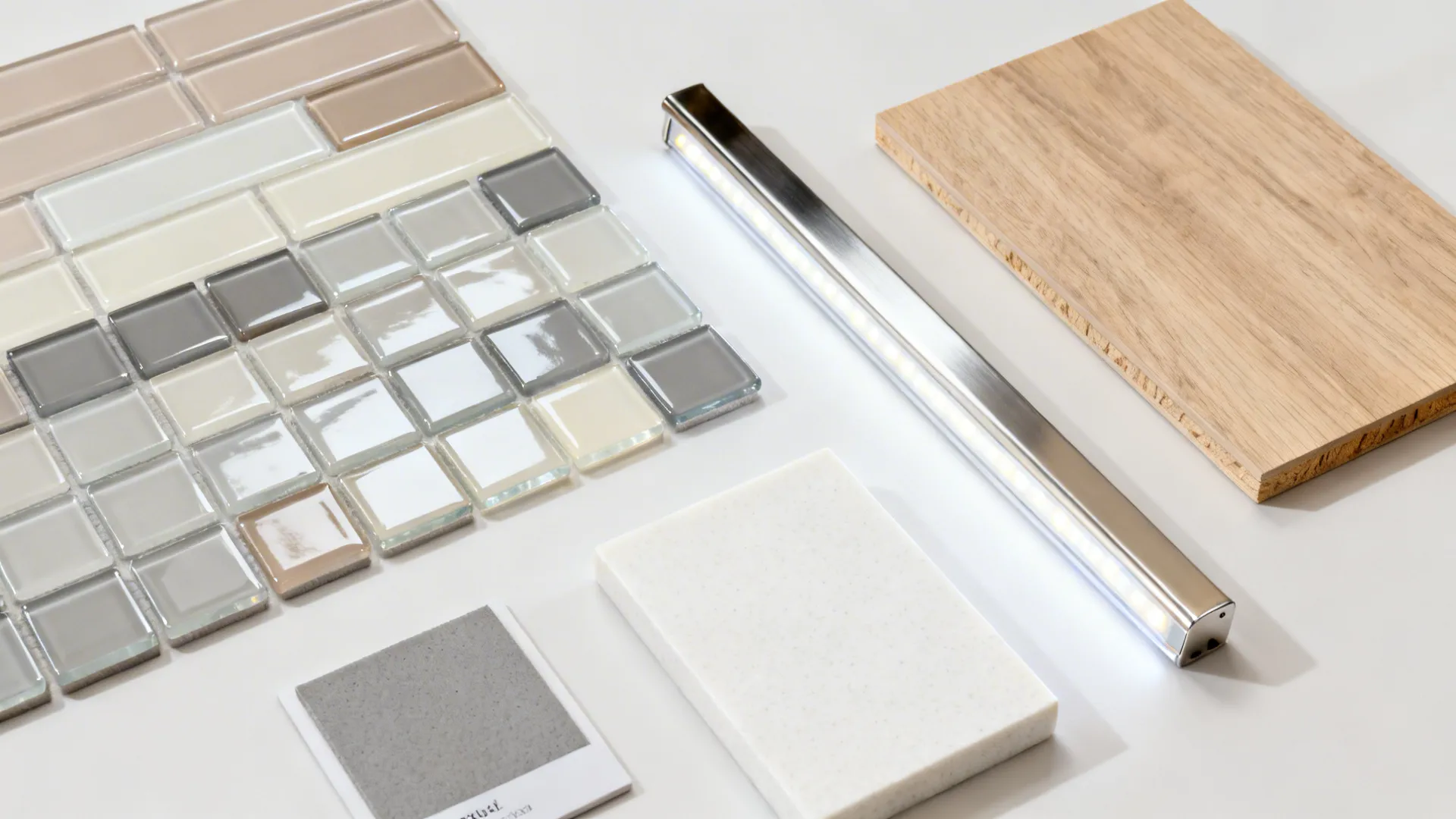 Flatlay of neutral glossy glass mosaic tiles with grout, edge trim, LED, wood, and quartz samples.