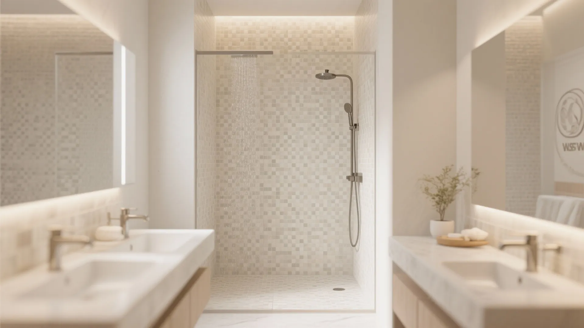 Bright modern bathroom with neutral mosaic tile shower, double sink vanity, large mirrors, and lighting.