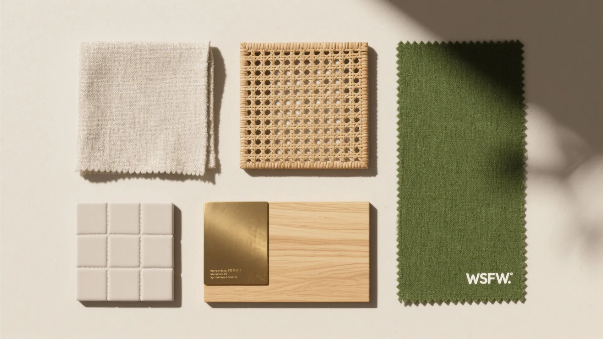 Flat lay with linen, cane, matte ceramic, brass, oak, and a moss green accent swatch.