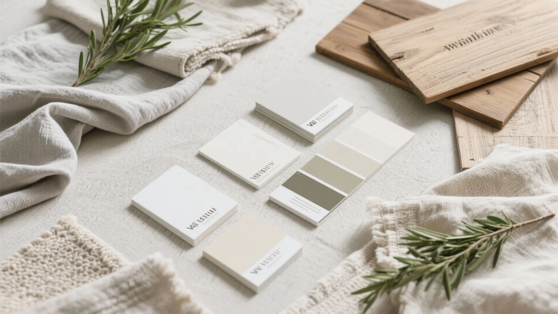 Flat lay of neutral farmhouse palette with wood and greenery