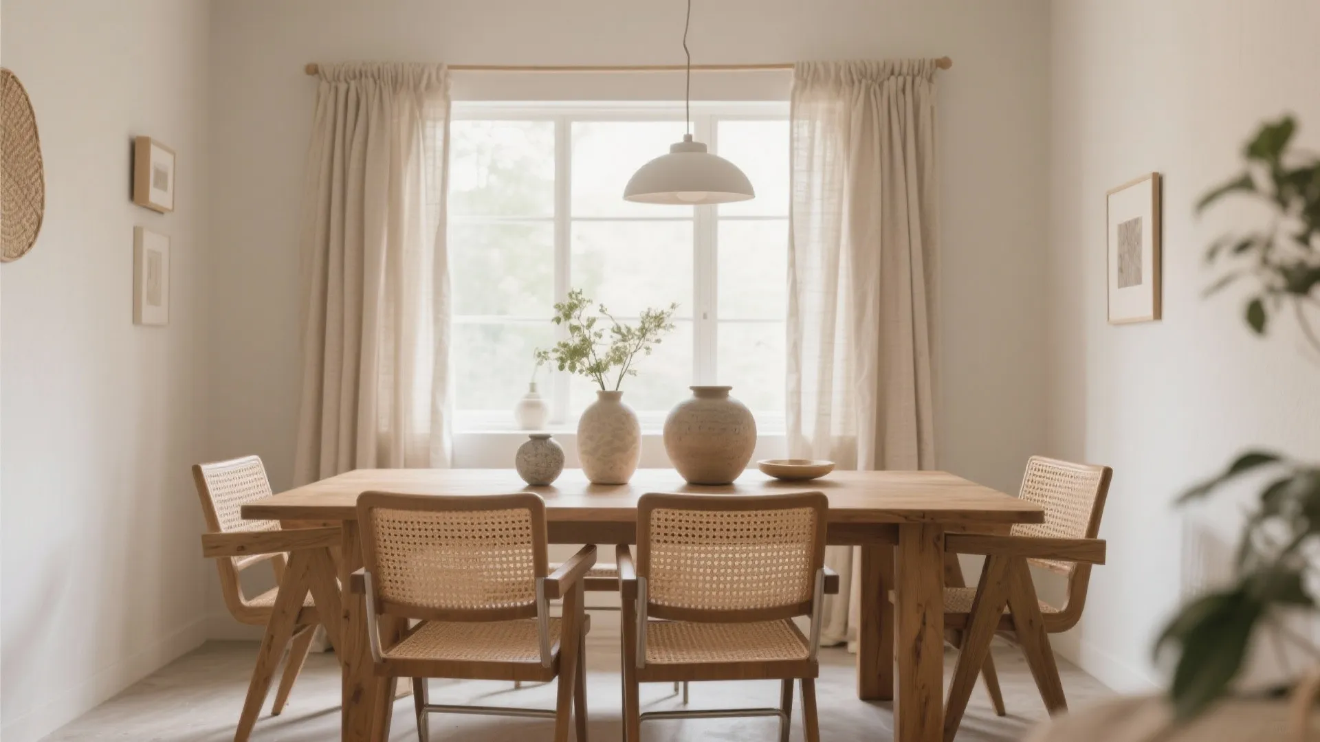 Neutral dining room with wooden table, woven chairs, beige curtains, white ceiling light and vases