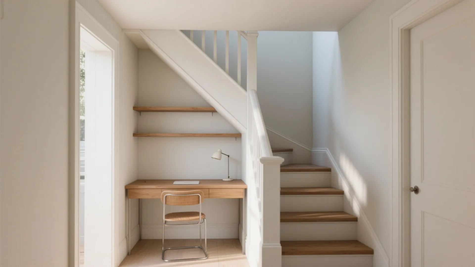 Small home office space under white stairs with wooden desk chair shelves and table lamp