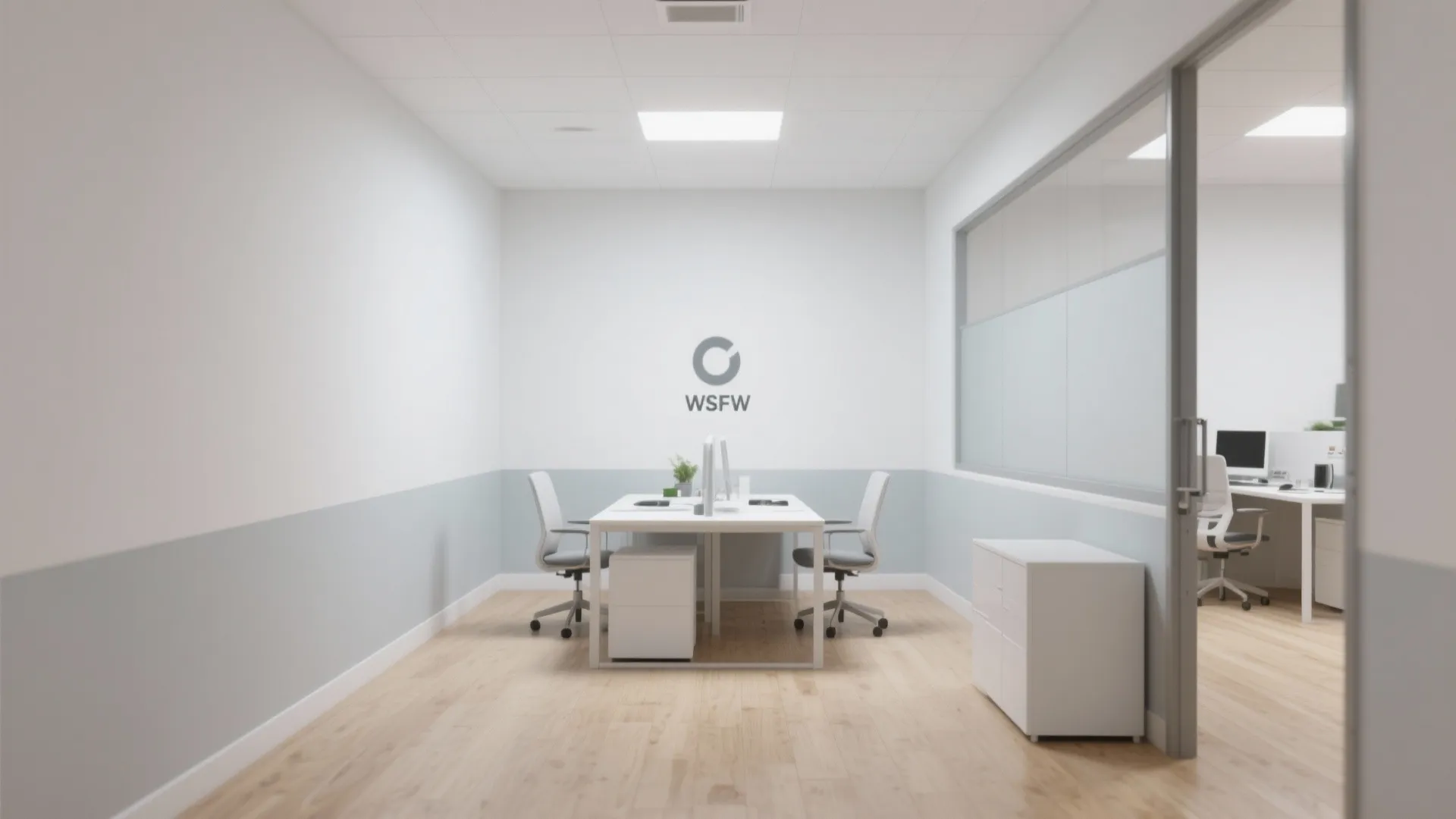 Modern office space with white desks grey chairs wooden floor and bright glass wall partitions