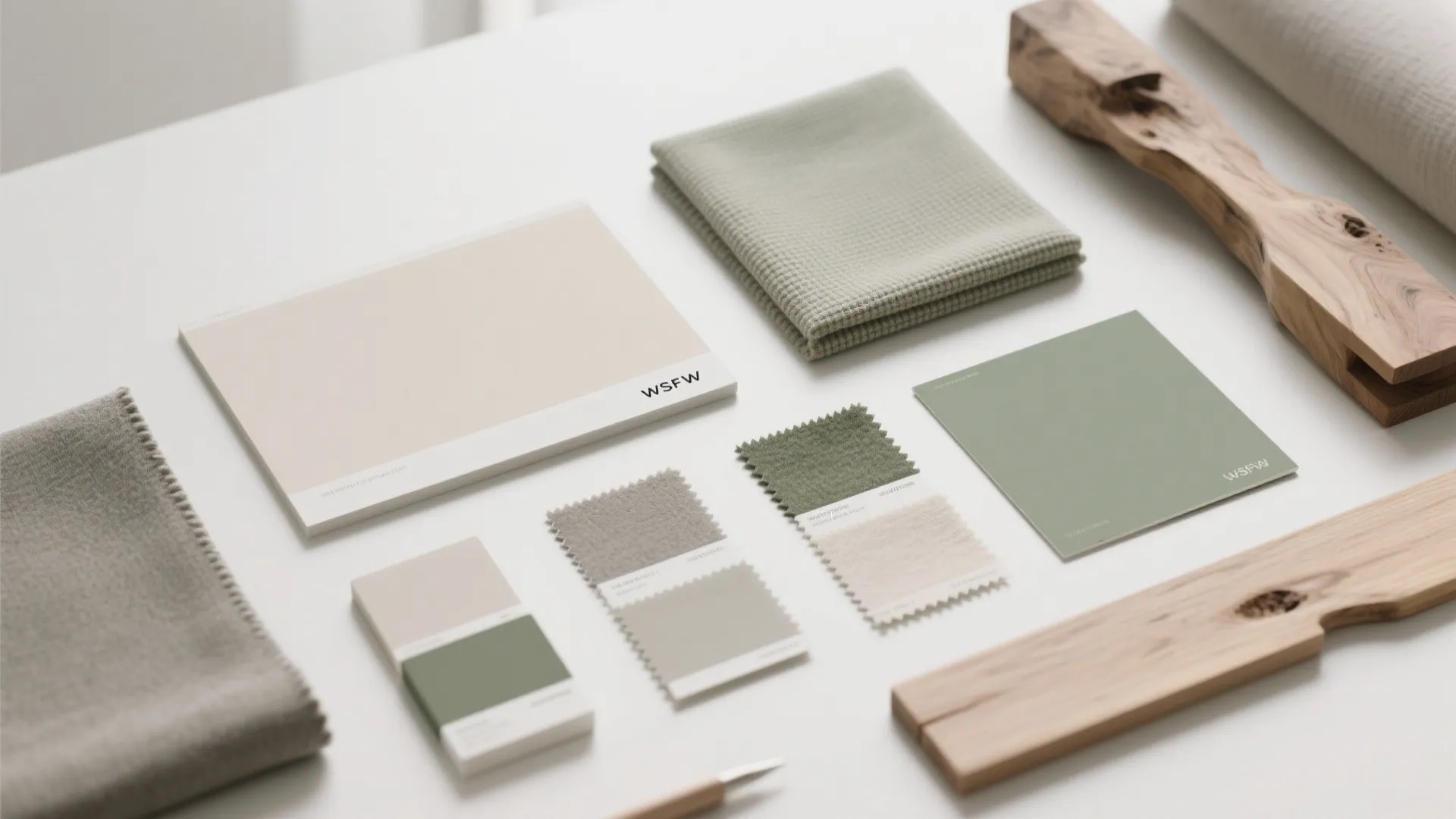 Flat lay of neutral office color palette with sage green accent