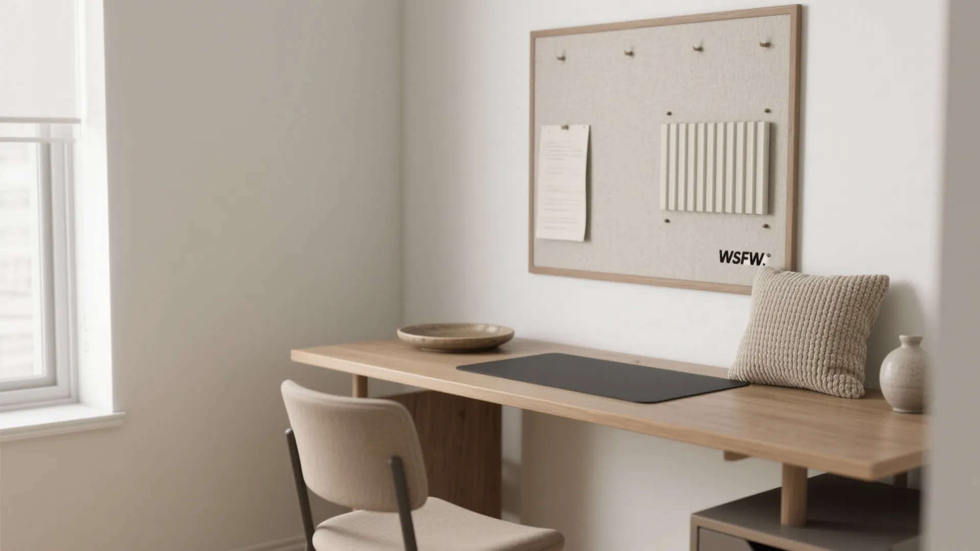 Minimalist home office setup with wooden desk beige chair pin board small pillow and sunlight