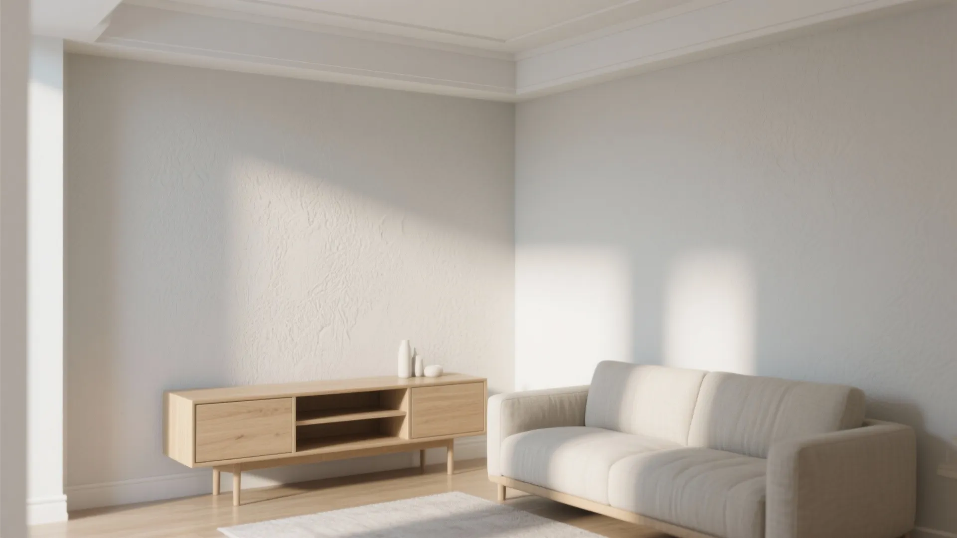 Minimalist living room with beige sofa wood cabinet white walls and soft sunlight from window