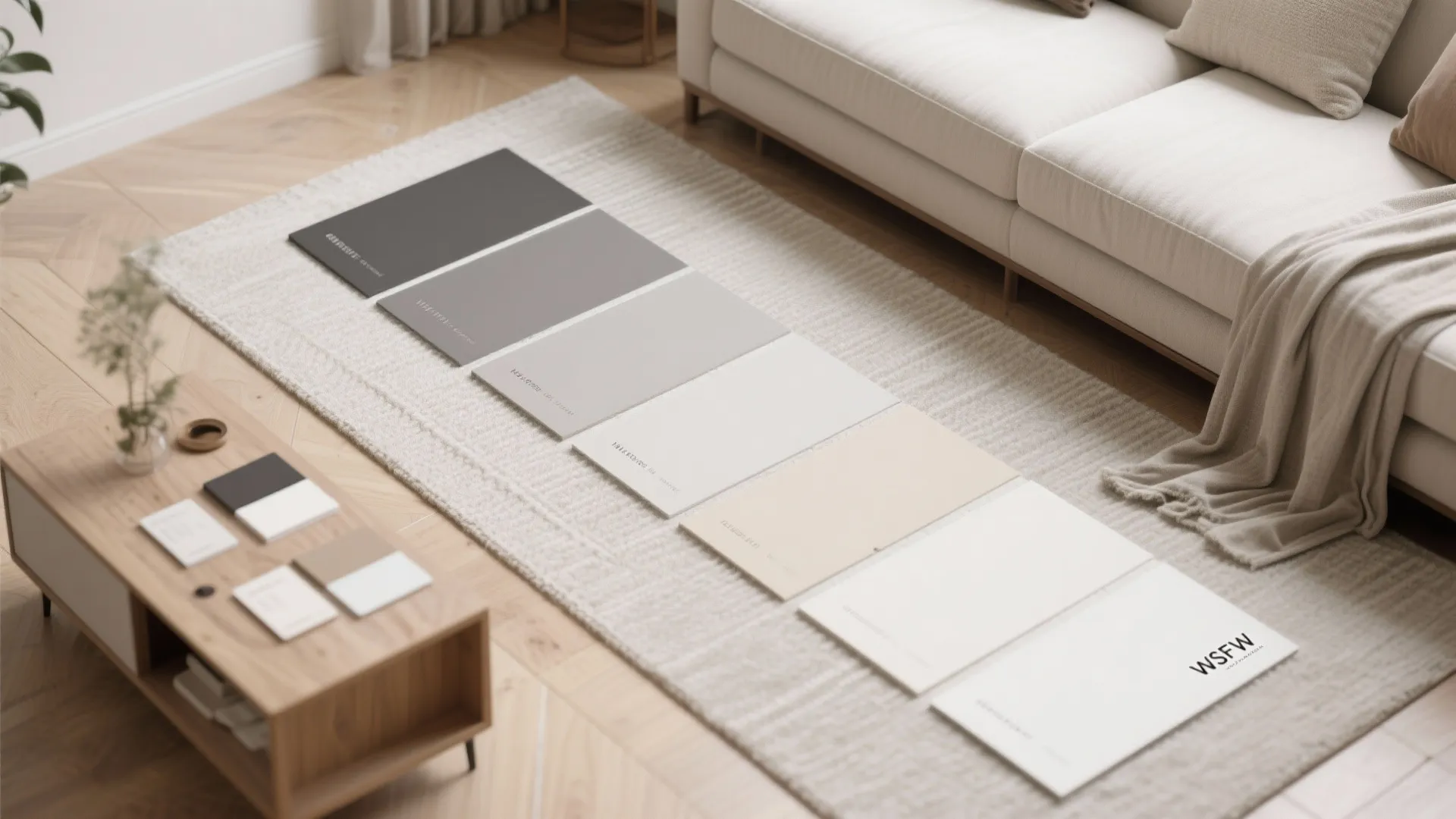 Selection of neutral color samples displayed on a rug next to a white fabric sofa