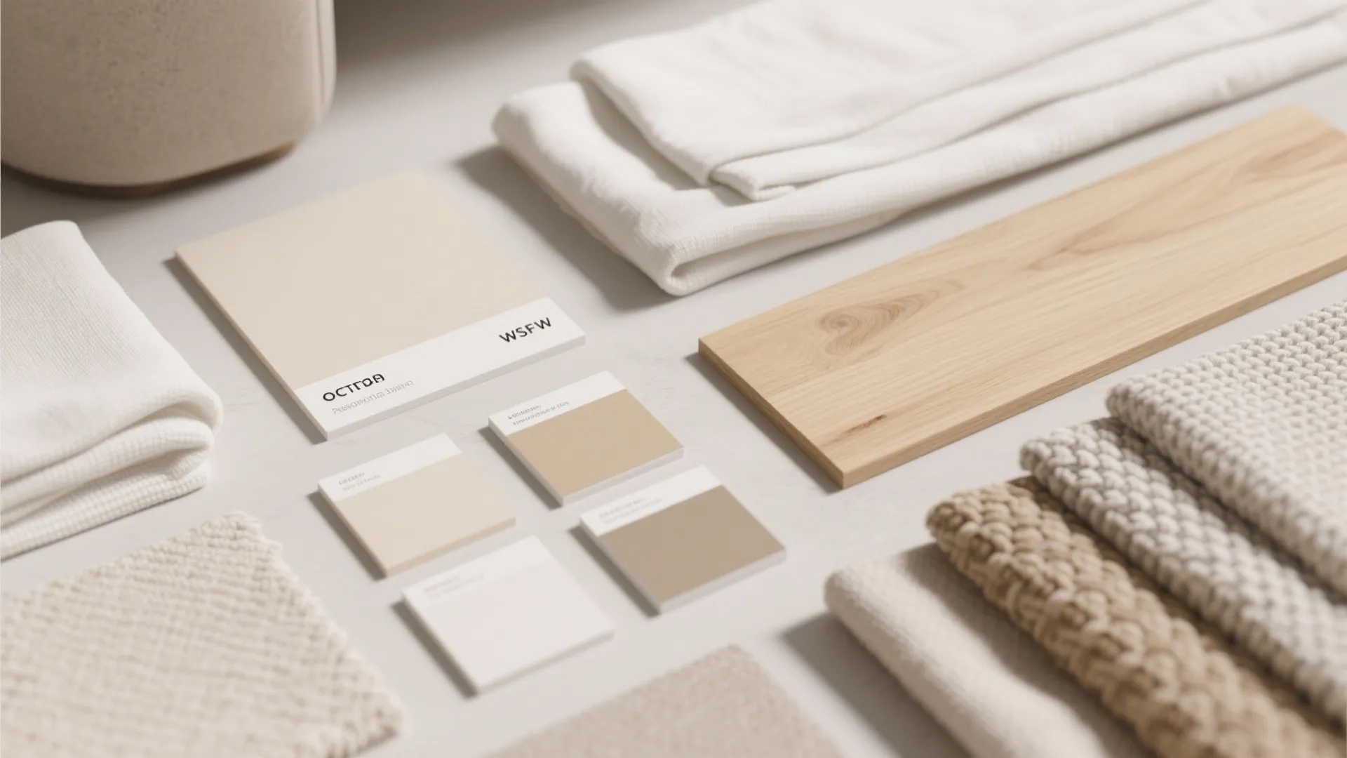Neutral interior design materials flat lay with beige and wood tones