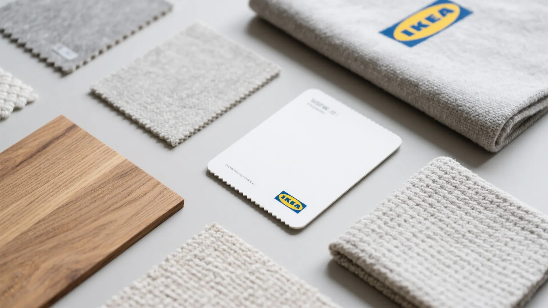 Flatlay of grey, maple wood, and white material samples