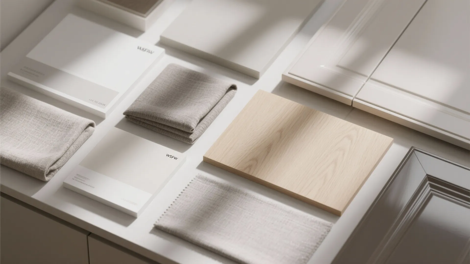 Interior design materials including wood board, beige fabric samples, white cabinet doors, and color books