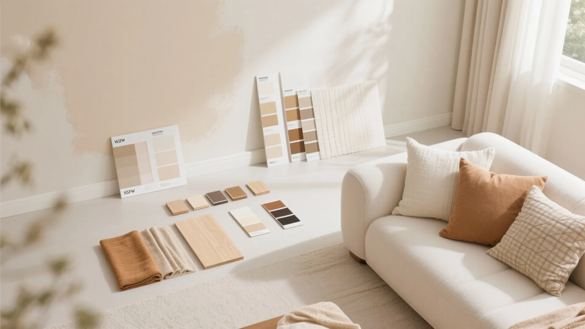 Neutral color scheme samples with beige, off-white, and light wood