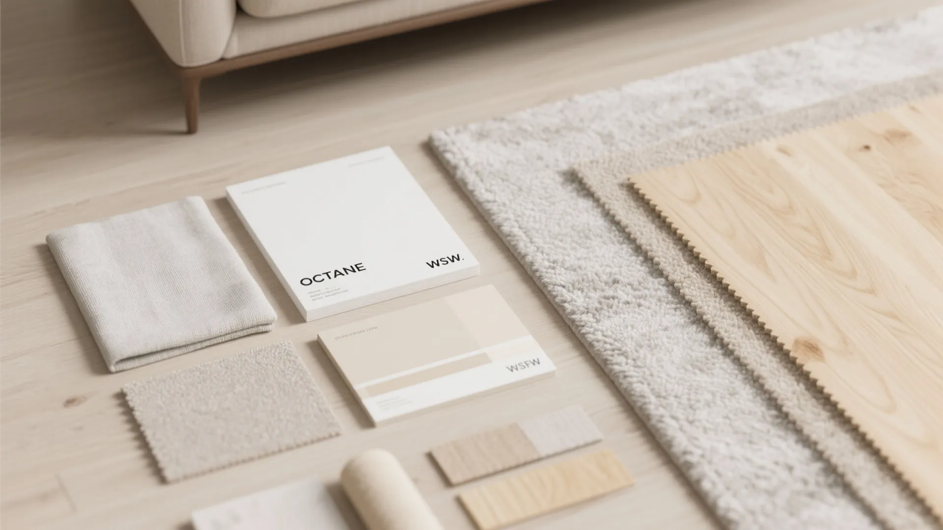 Selection of neutral interior design material samples including fabric wood and carpet on light floor