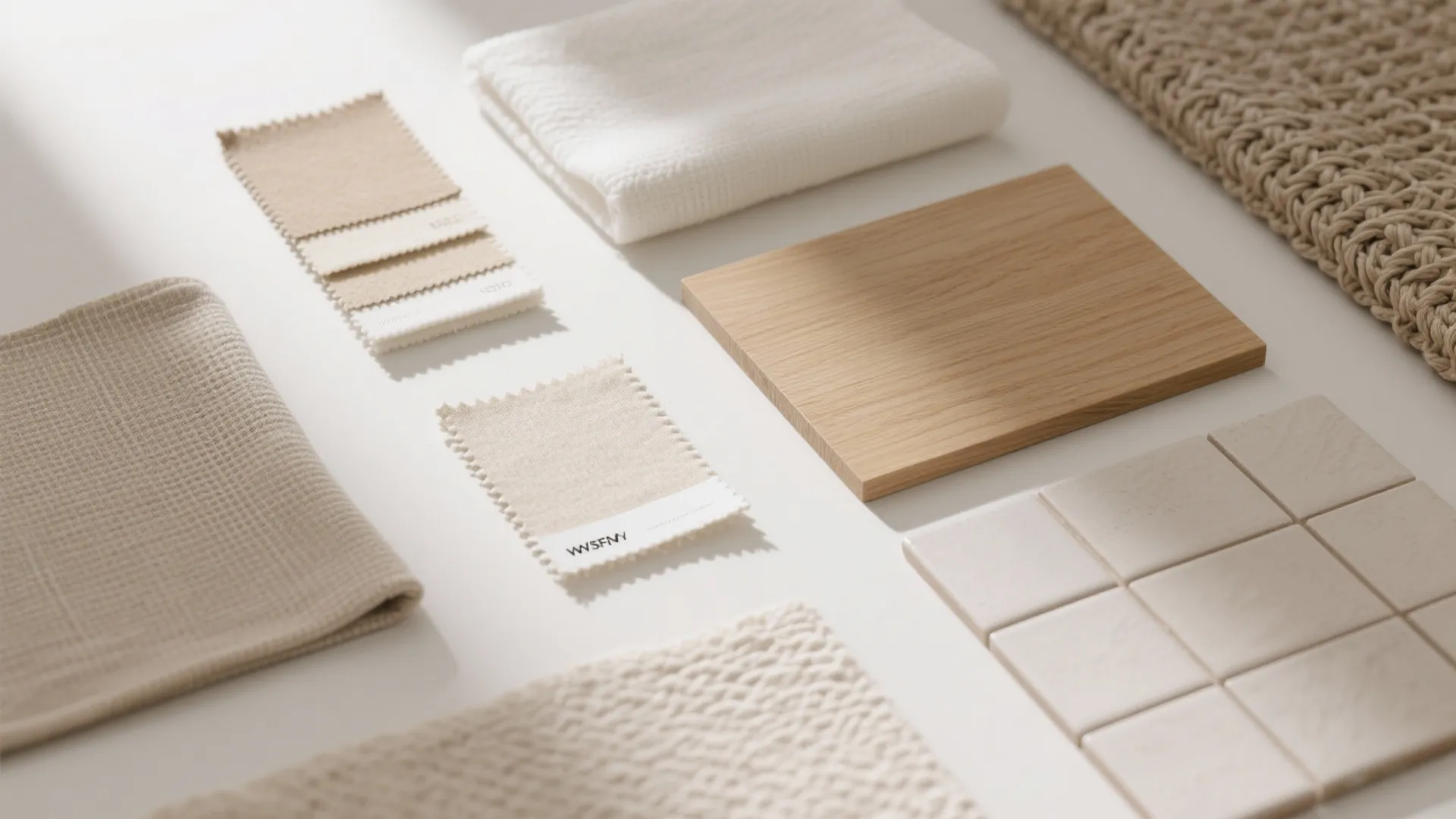 Neutral interior design material board with fabric swatches wooden block white tiles and woven textiles