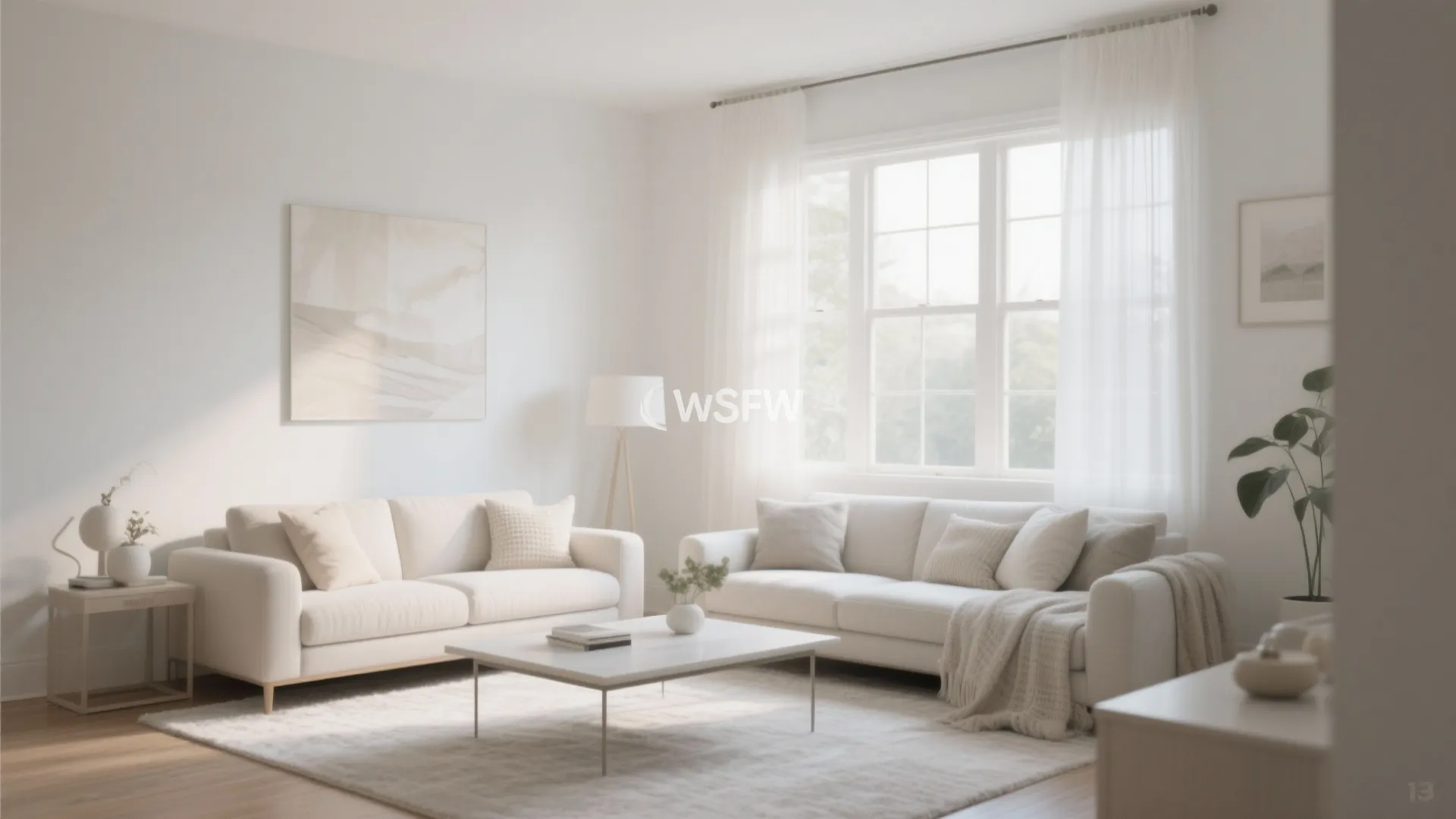 Bright living room with neutral colors featuring two white sofas coffee table and white curtains