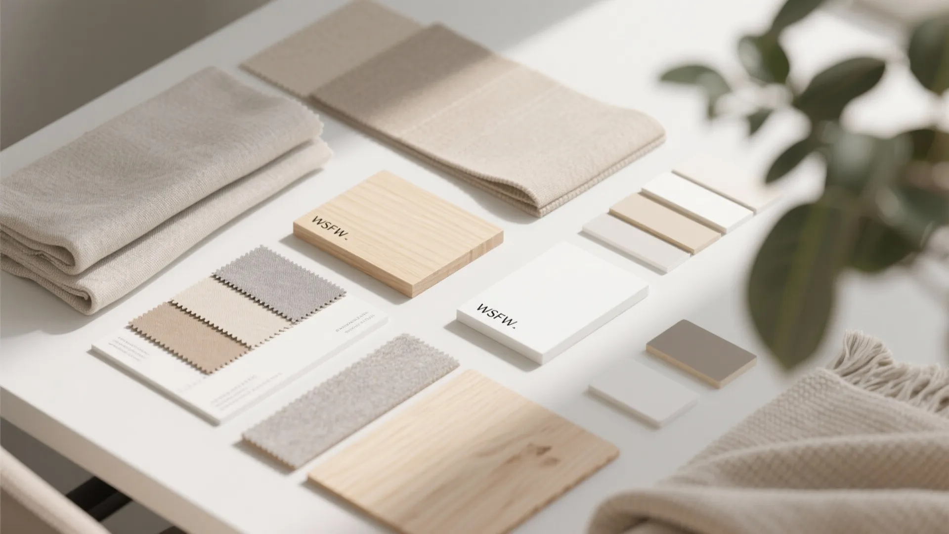Flat lay of neutral color palette materials for a small guest office