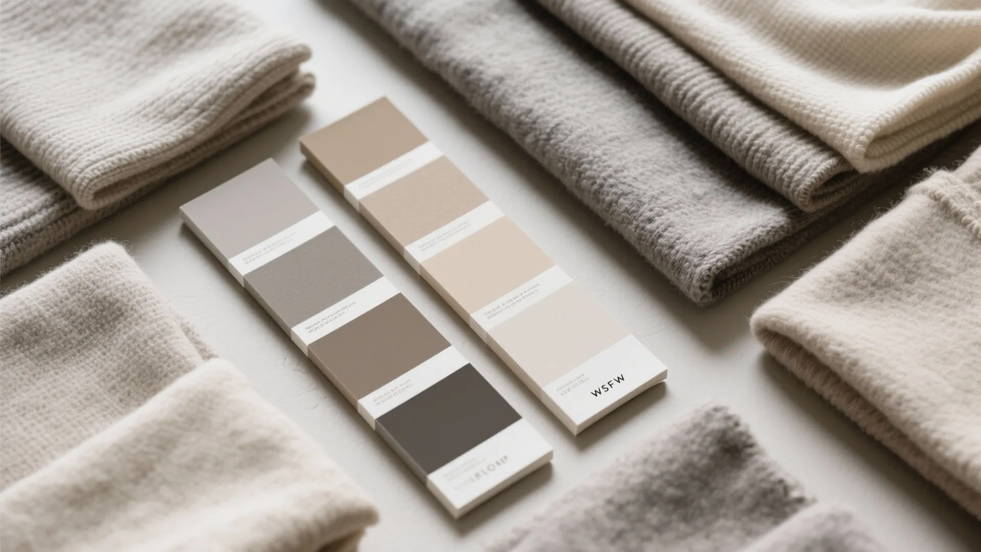Neutral color palette cards with beige and brown shades placed on soft knitted fabric material