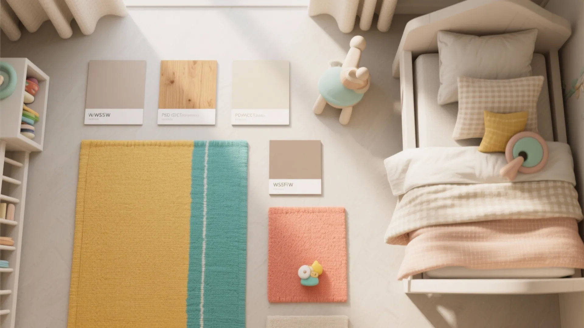 Interior design drawing showing color palette samples for a kids room with yellow and pink rugs
