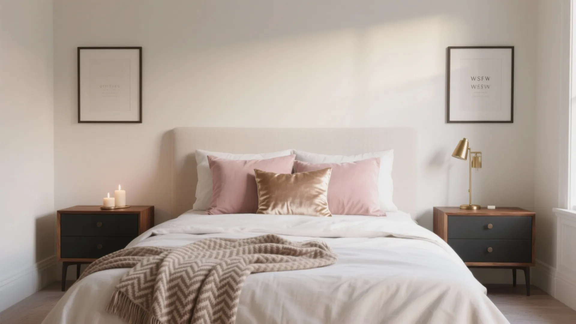 Modern bedroom with pink pillows white bedding dark cabinets gold desk lamp and framed wall pictures