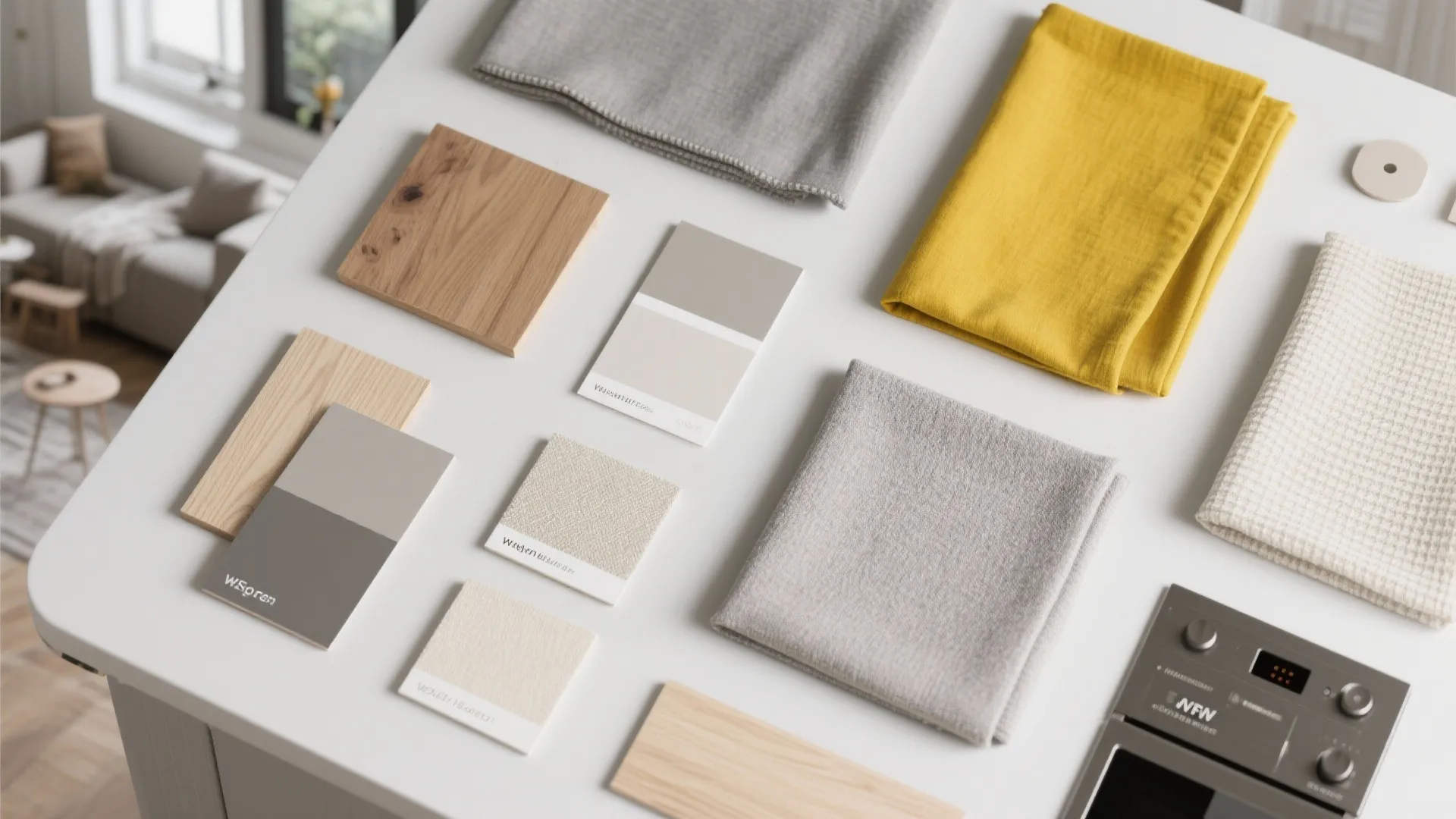Interior design mood board with wood samples grey fabric yellow cloth and neutral color swatches
