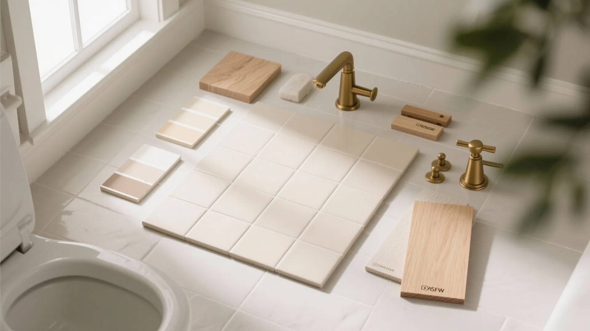 Bathroom design mood board with beige tiles wood samples gold faucet and white color palette