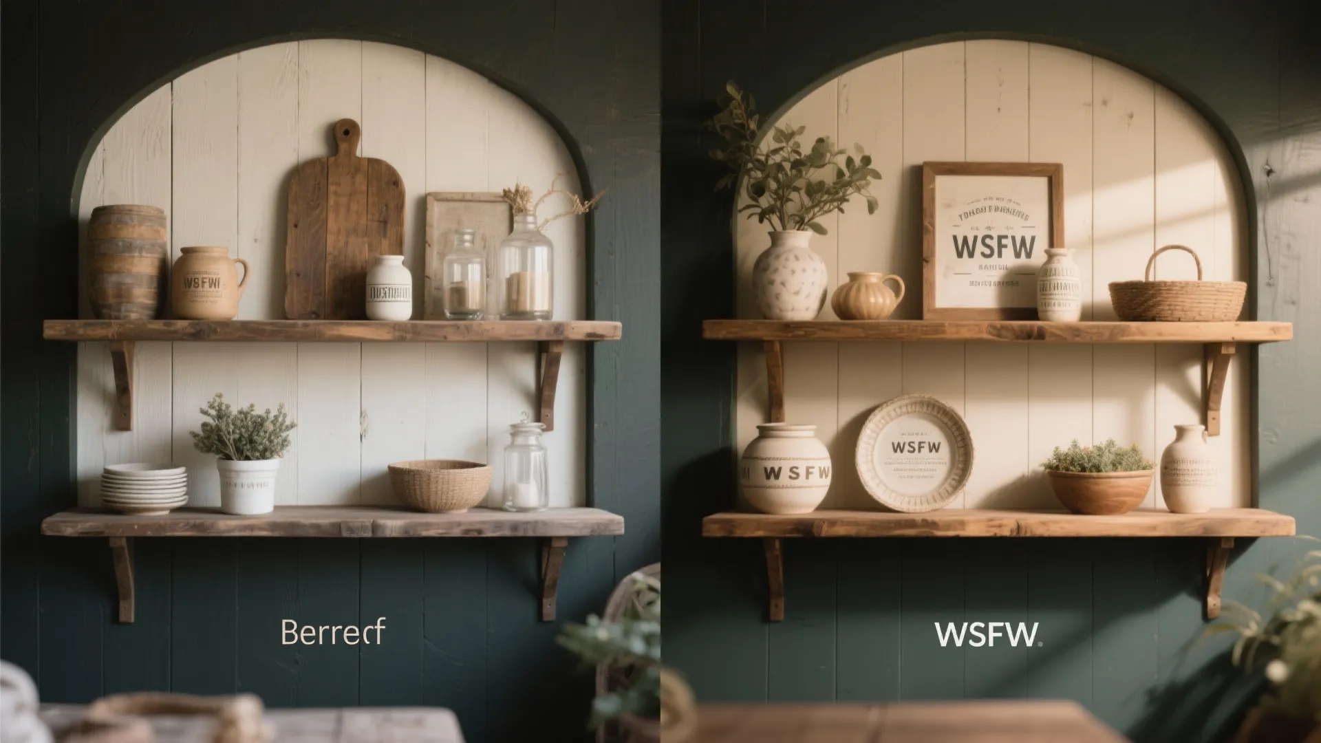 Side by side comparison of two wooden wall shelves styled with different pottery and kitchen items