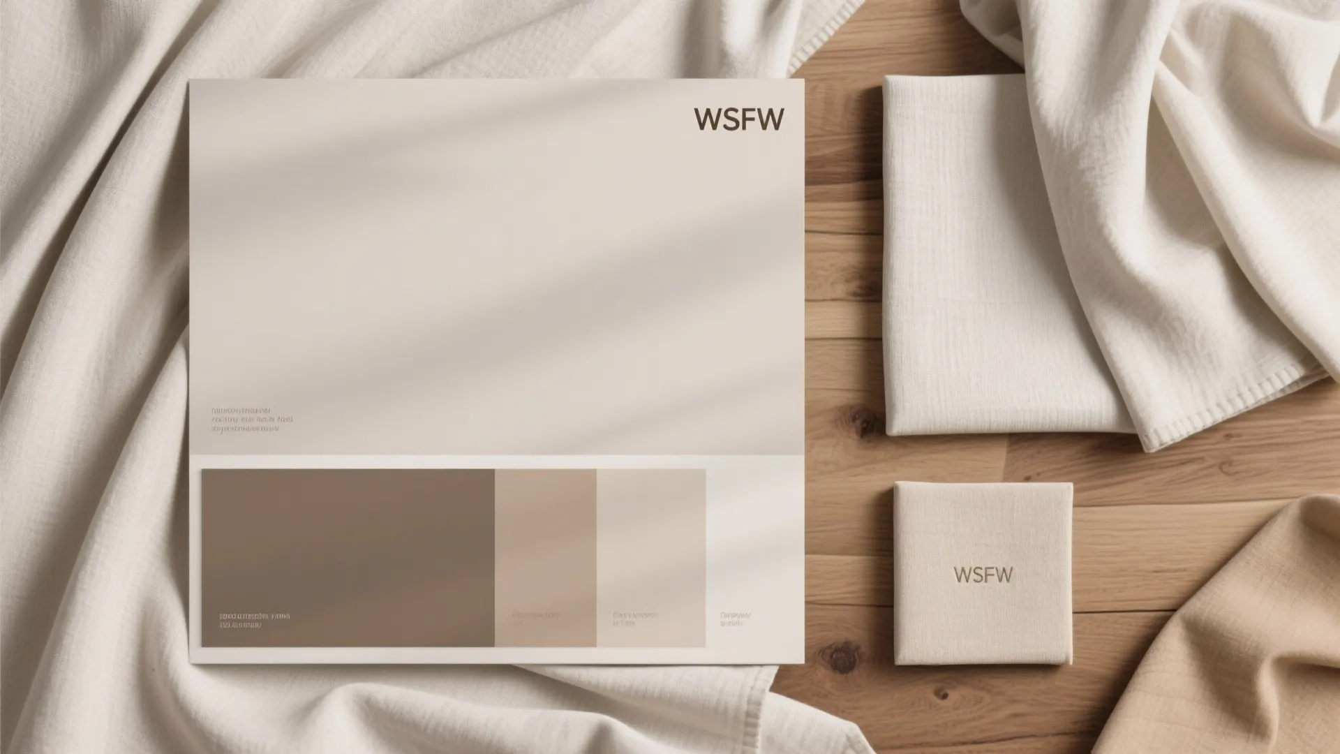Design flatlay with neutral palette swatches and fabric textures