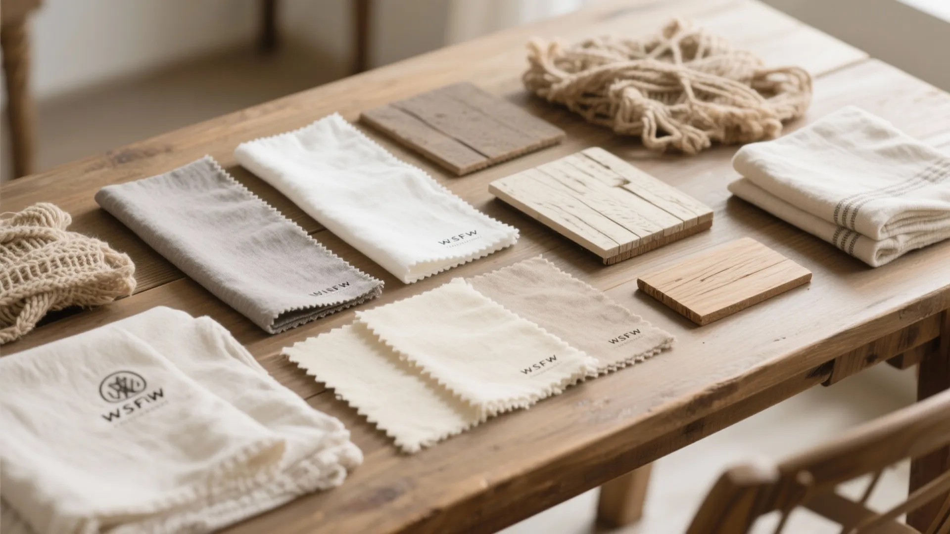 Selection of neutral fabric swatches and wooden material samples displayed on a rustic wooden dining table