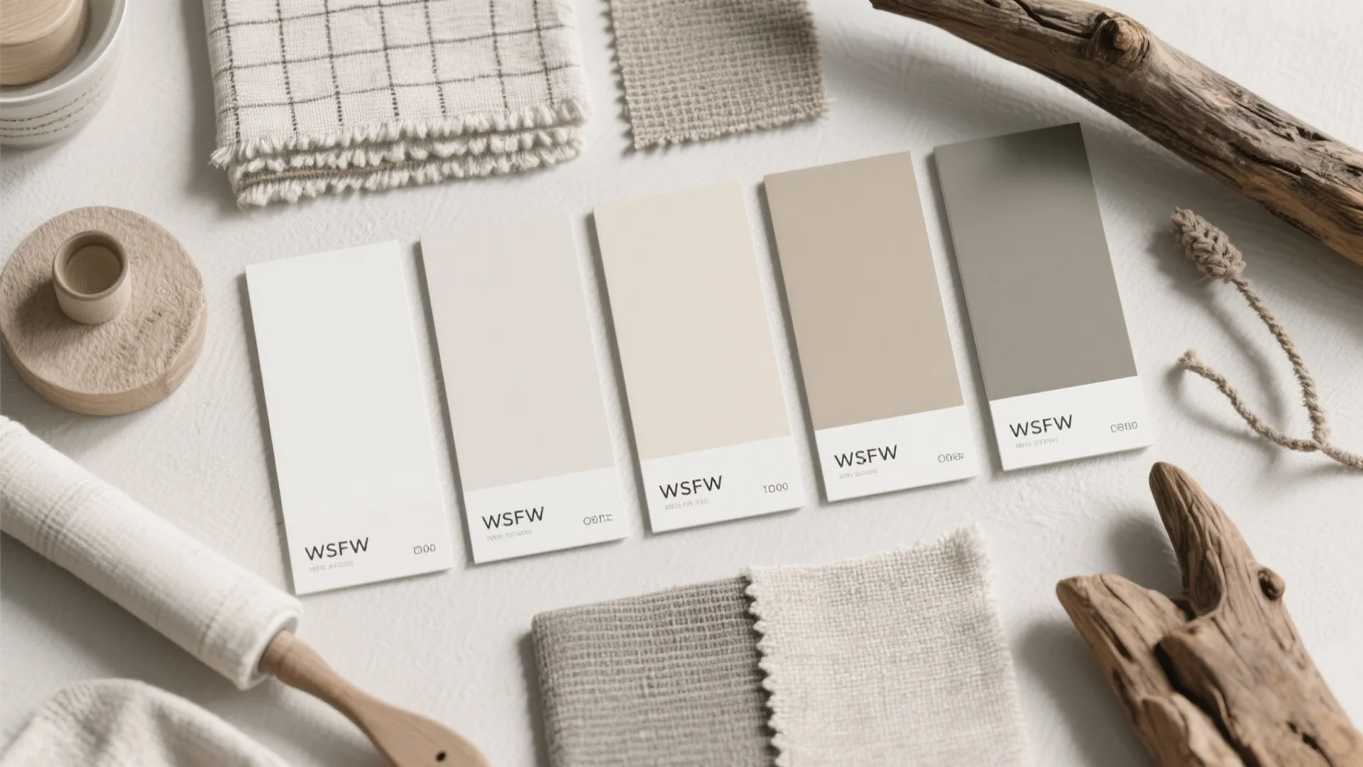 Interior design mood board with beige paint swatches fabric samples and rustic wood decorative elements
