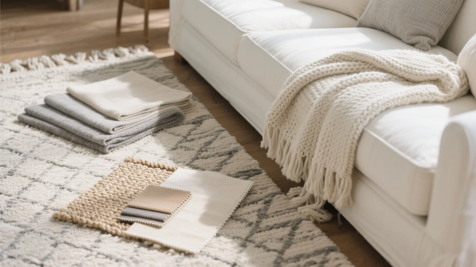 Close up of fabric samples and blankets on a patterned rug near a white sofa