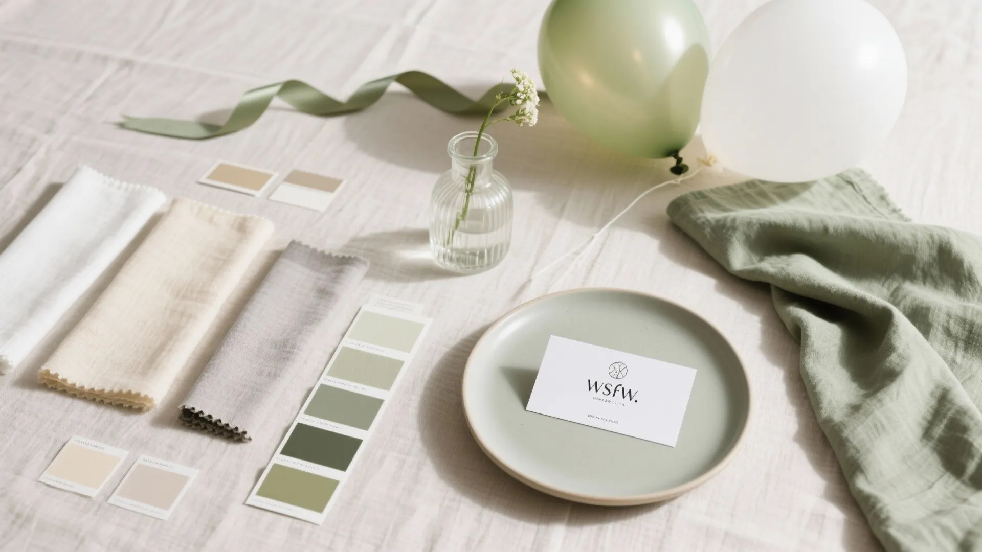 Flat lay of neutral linens, sage ribbon, paint chips, and balloons for baby shower palette.