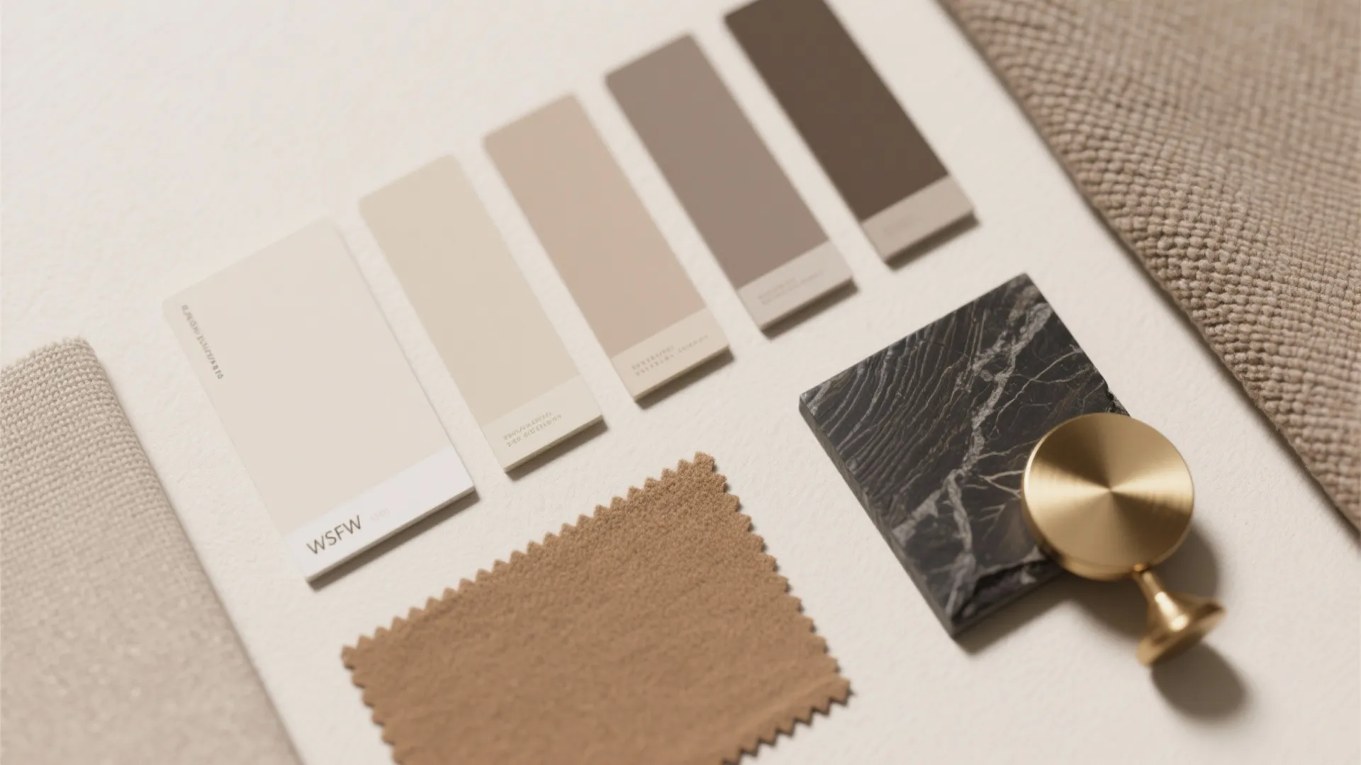 Interior design mood board with neutral color swatches marble tile fabric samples and gold handle