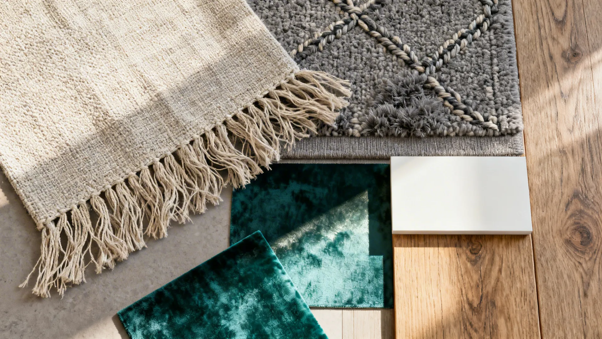 Flatlay of oatmeal linen, warm gray rug, boucle, emerald velvet, and oak wood samples.