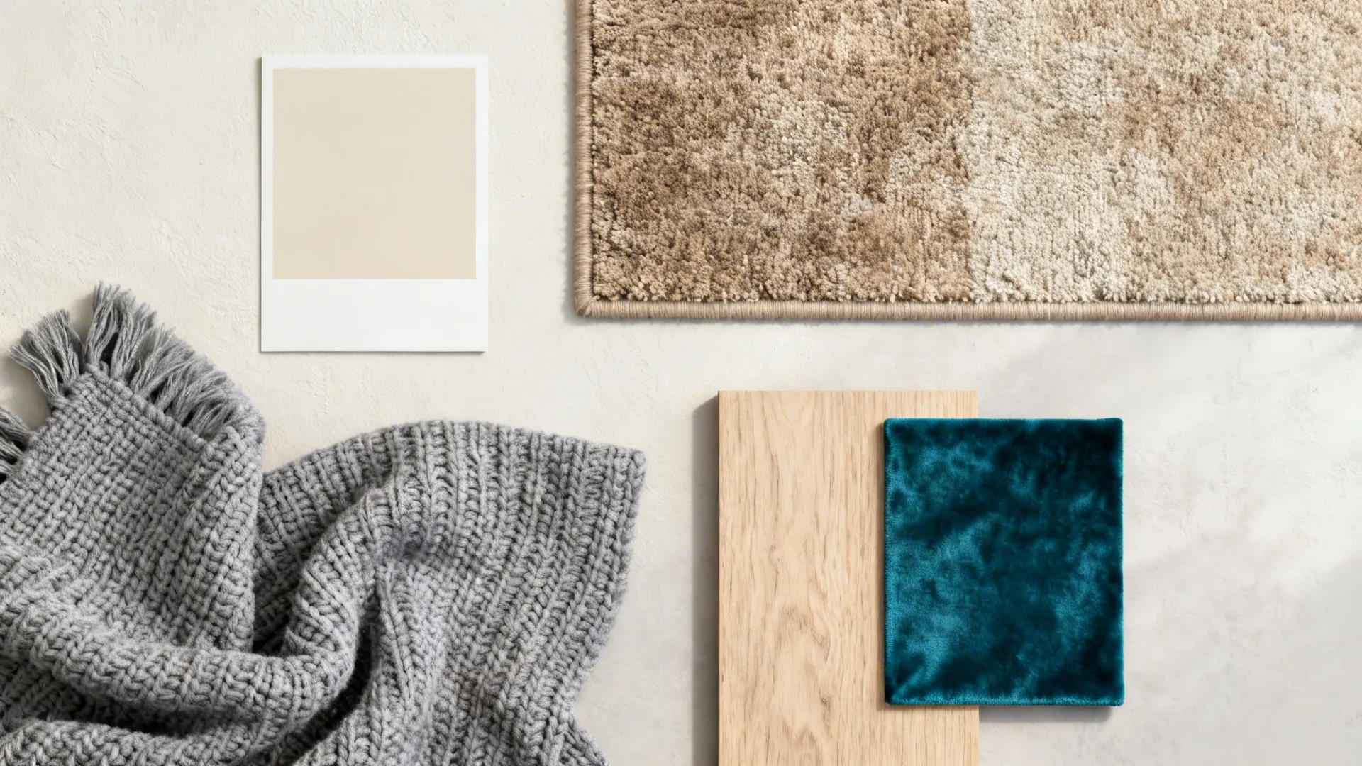 Flat lay of oat and mushroom neutrals with a petrol-blue velvet swatch and light oak sample.