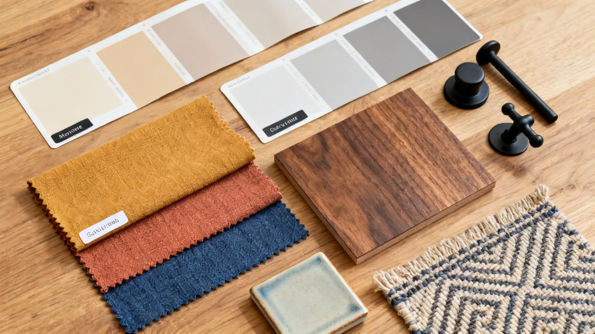 Flat lay of beige and gray paints with ochre, terracotta, indigo fabrics and walnut wood sample.