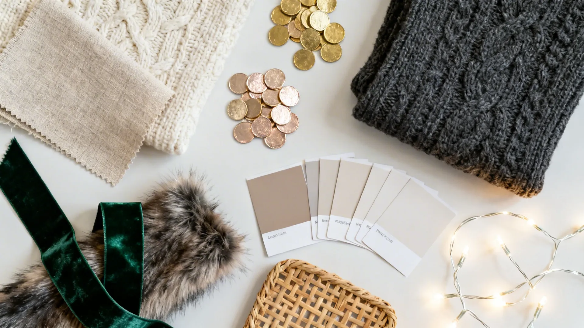 Flat lay of linen, boucle, knit swatches with brass and champagne accents and LEDs.
