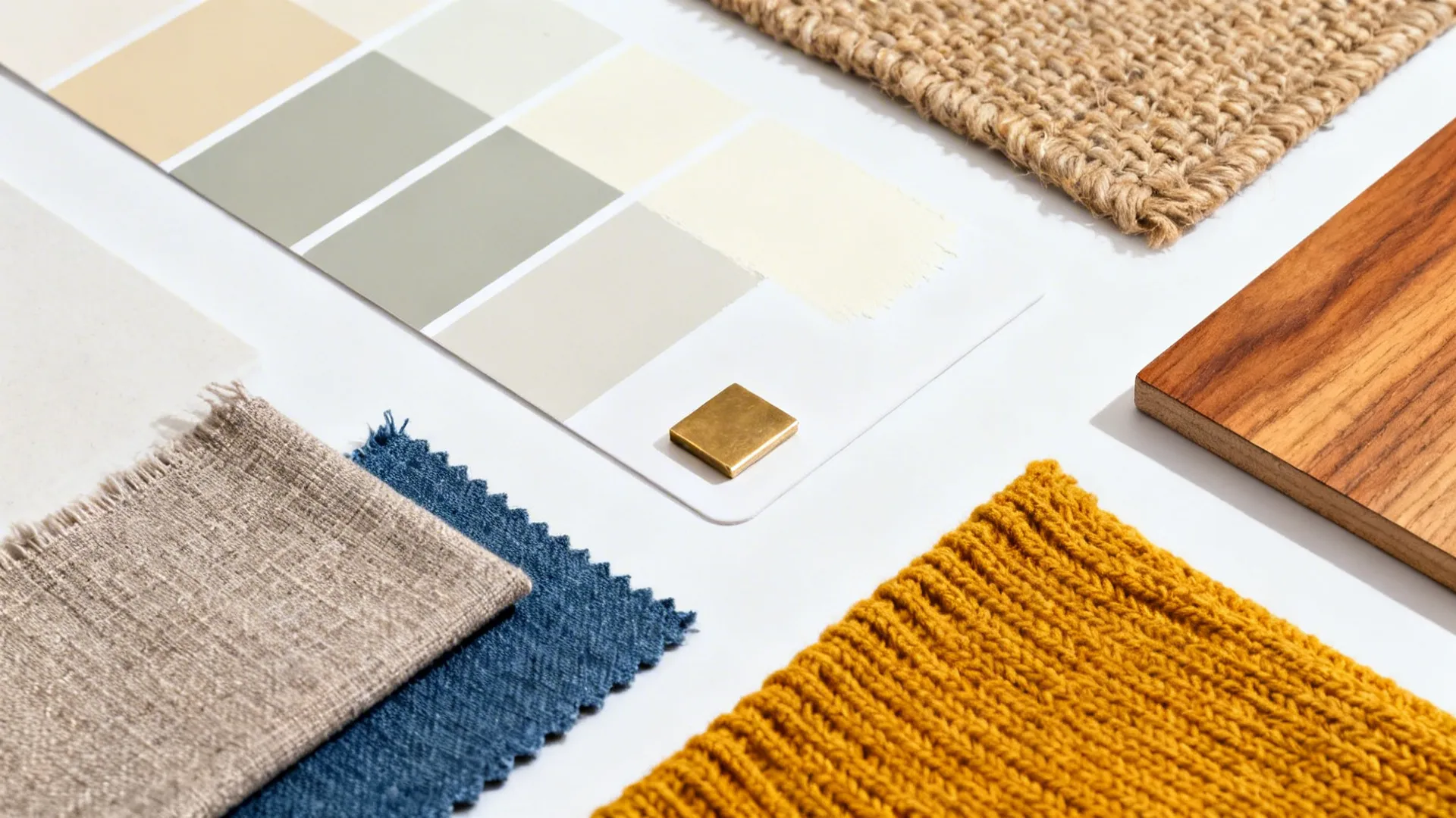 Flat lay of beige and greige paints with indigo and marigold textiles, jute, brass, and wood samples