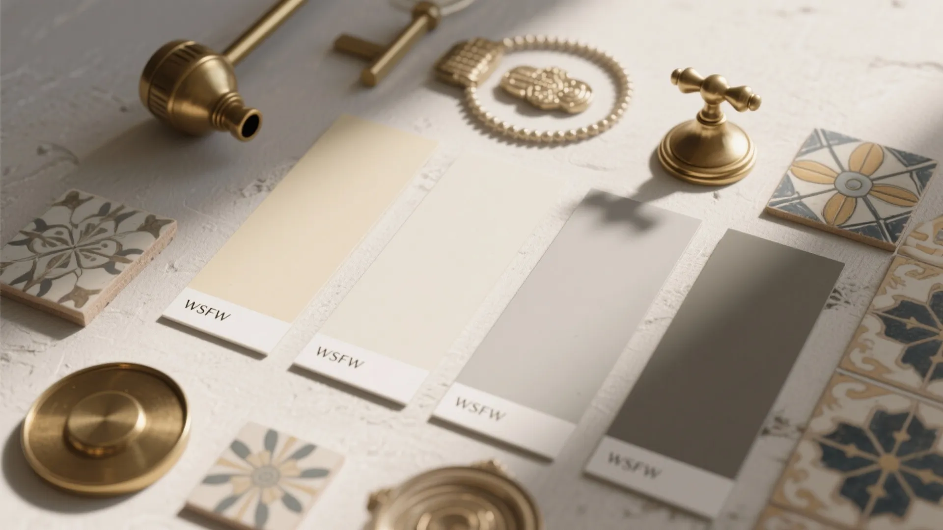 Neutral color palette swatches with gold fixtures and patterned wall tiles on a textured surface