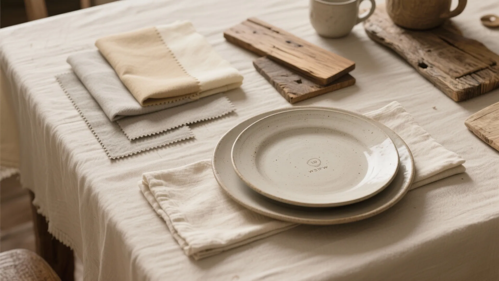 Flatlay of beige, cream, and soft gray tones with rustic textures