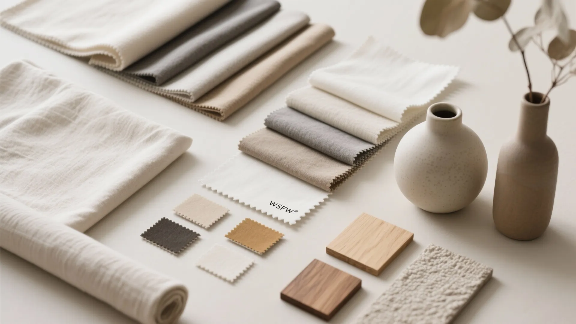 Selection of neutral fabric samples and wood blocks arranged neatly on a light colored surface