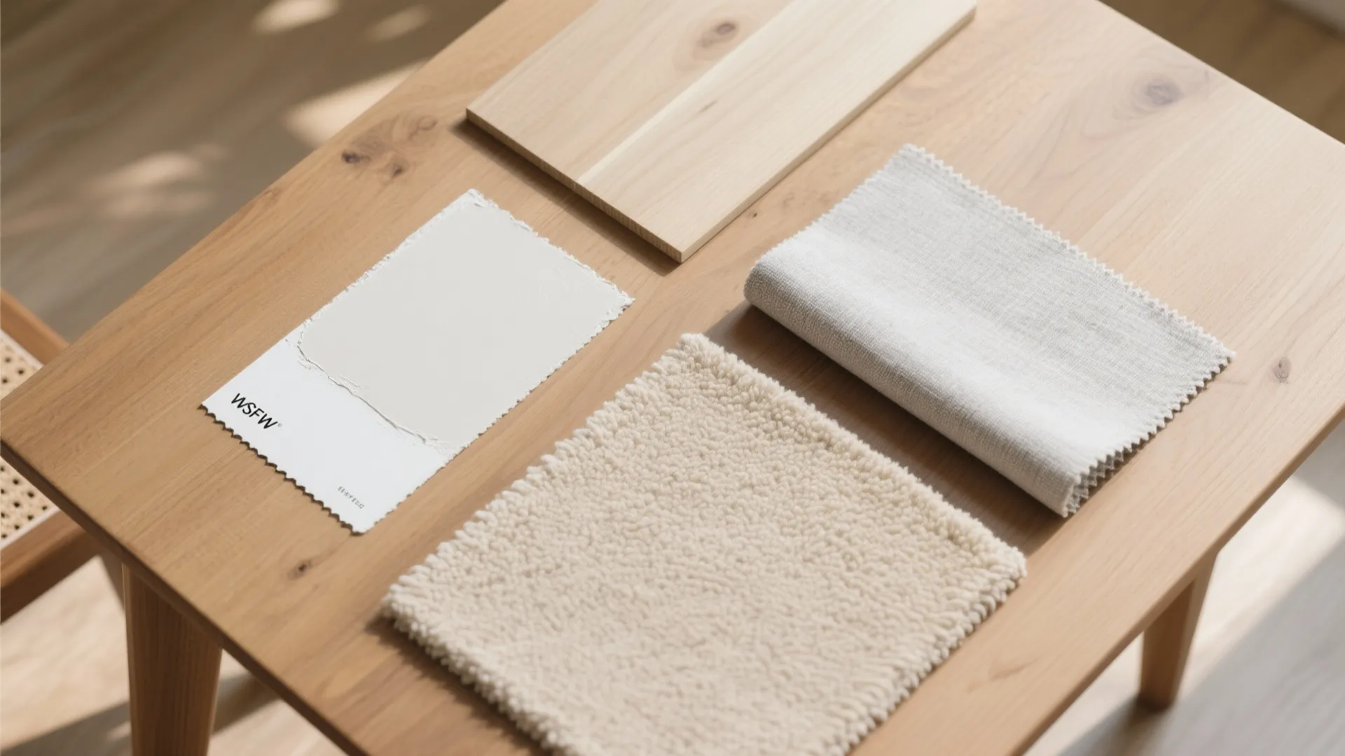 Interior design mood board on wooden table showing fabric samples wood piece and color card