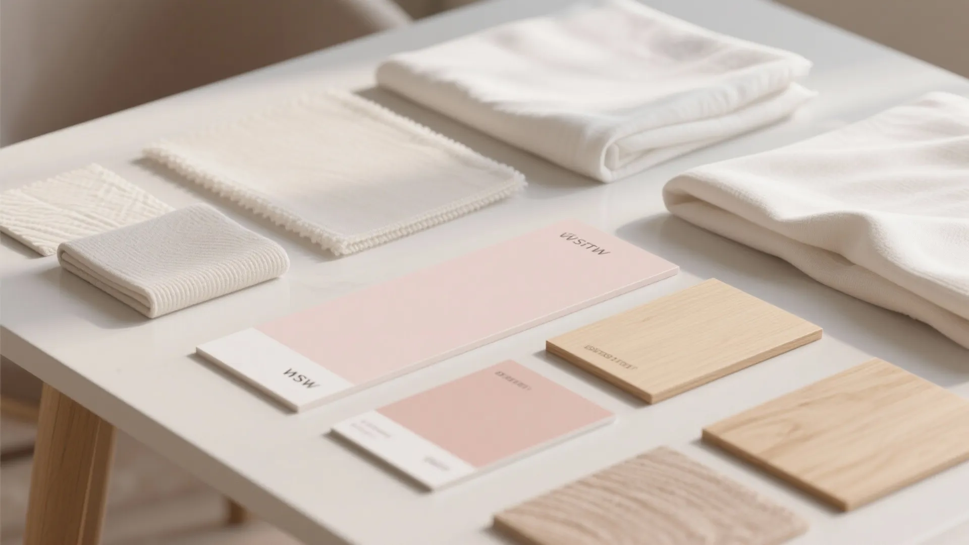 Interior design color palette with fabric swatches pink cards and wood samples on white table