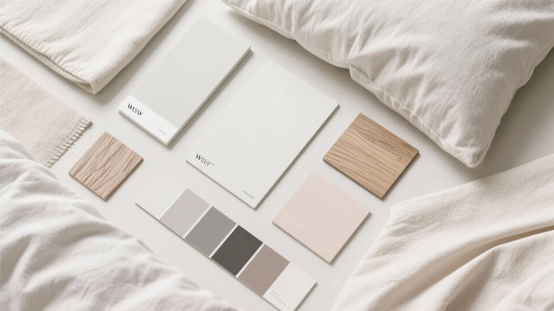 Color swatches in soft neutrals and wood textures