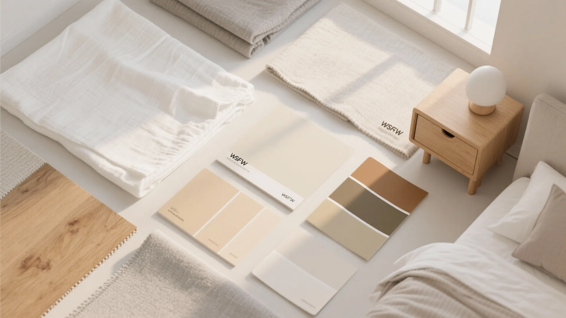 Flat lay of interior design materials including fabric samples paint colors and a wooden nightstand