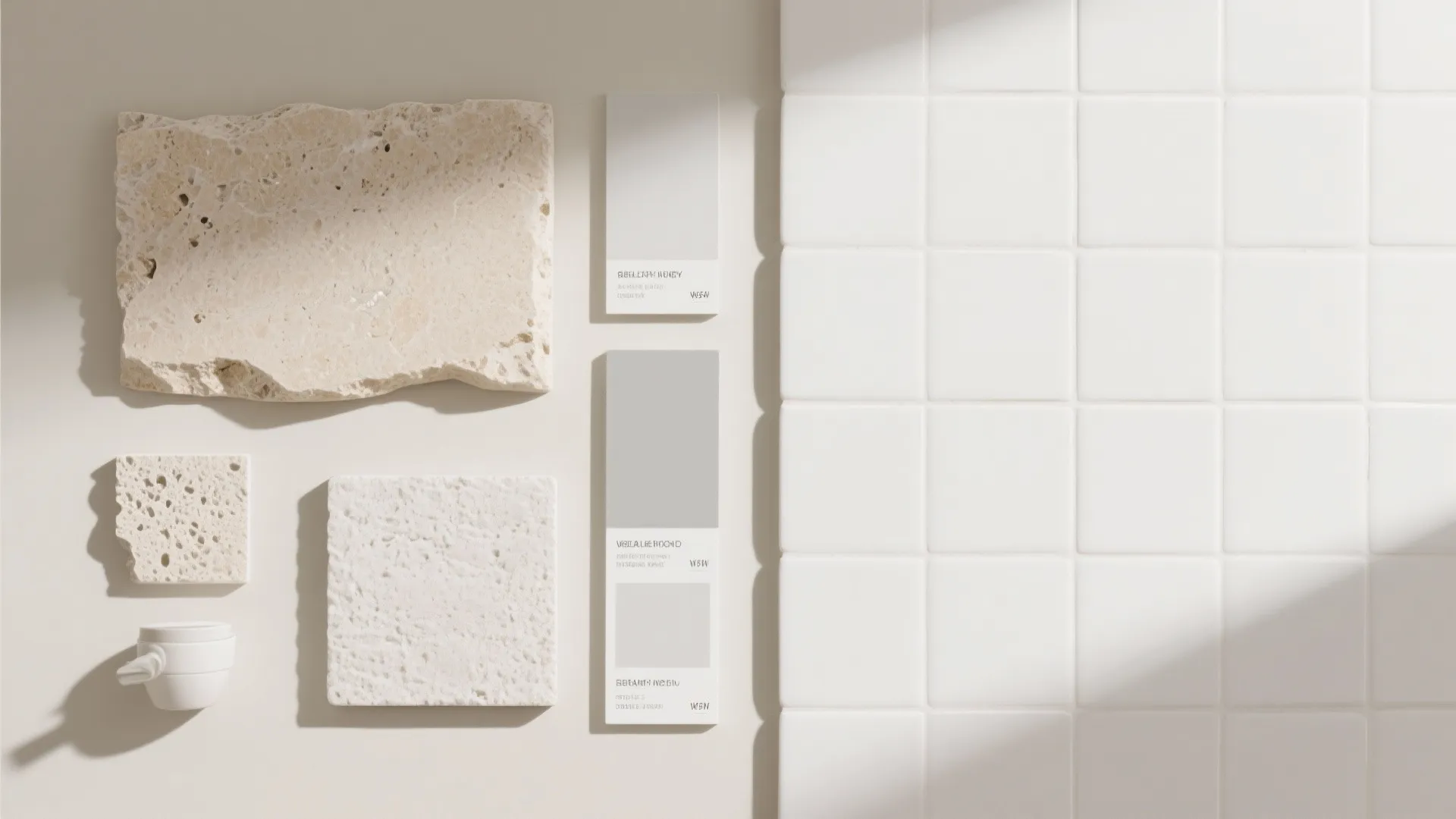 Material mood board with stone samples color swatches white wall tiles and minimalist interior design elements