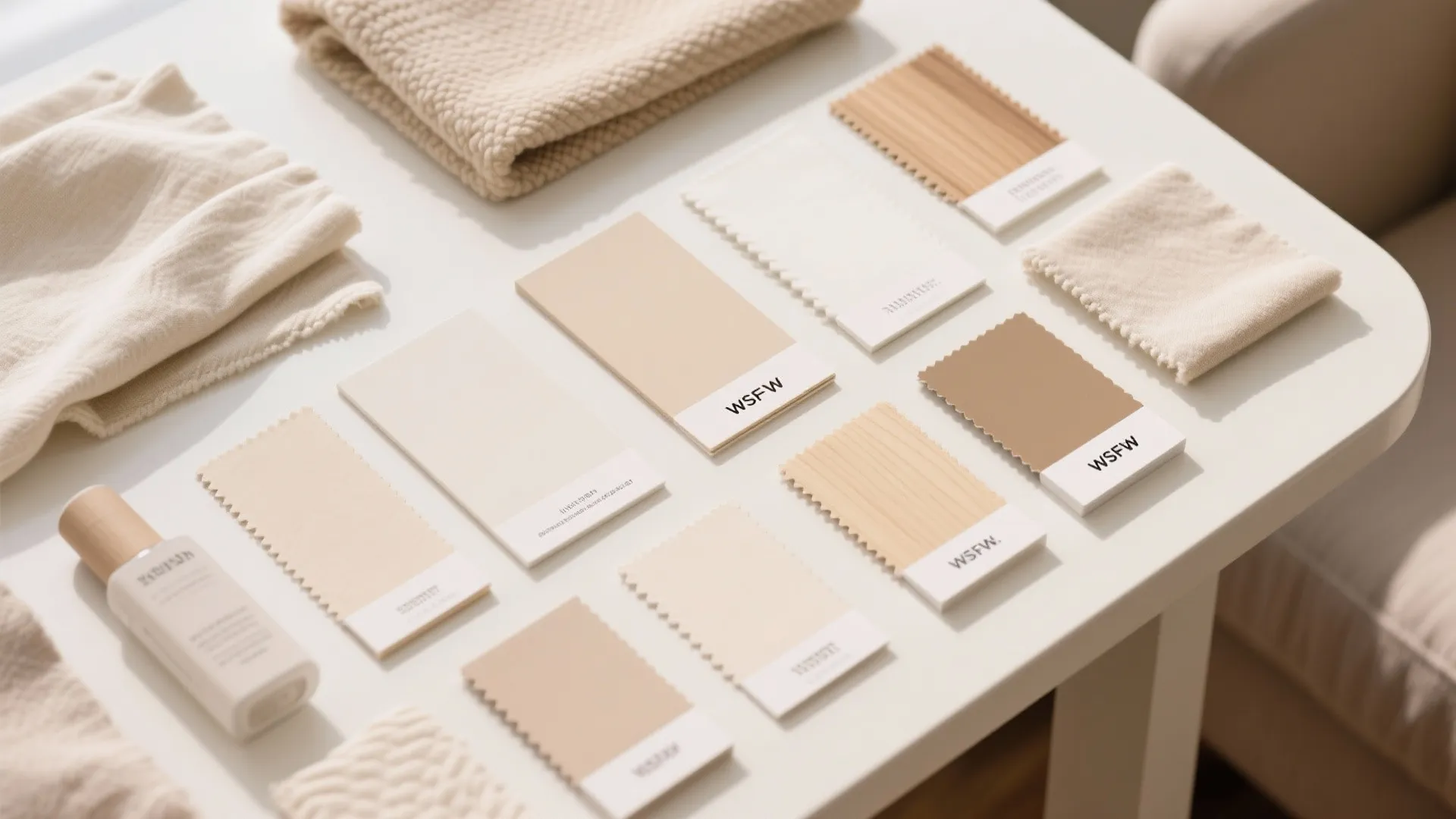Neutral color palette flat lay with fabric swatches cream towels and small white bottle on table
