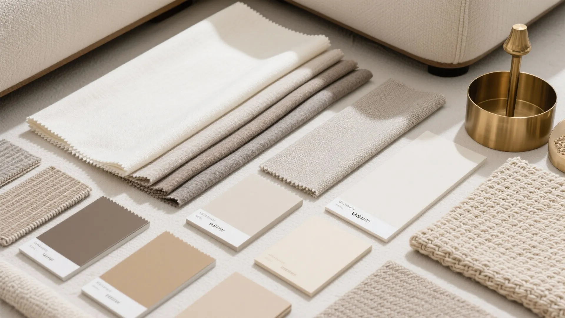 Interior design mood board with fabric samples paint swatches and material textures in neutral beige tones