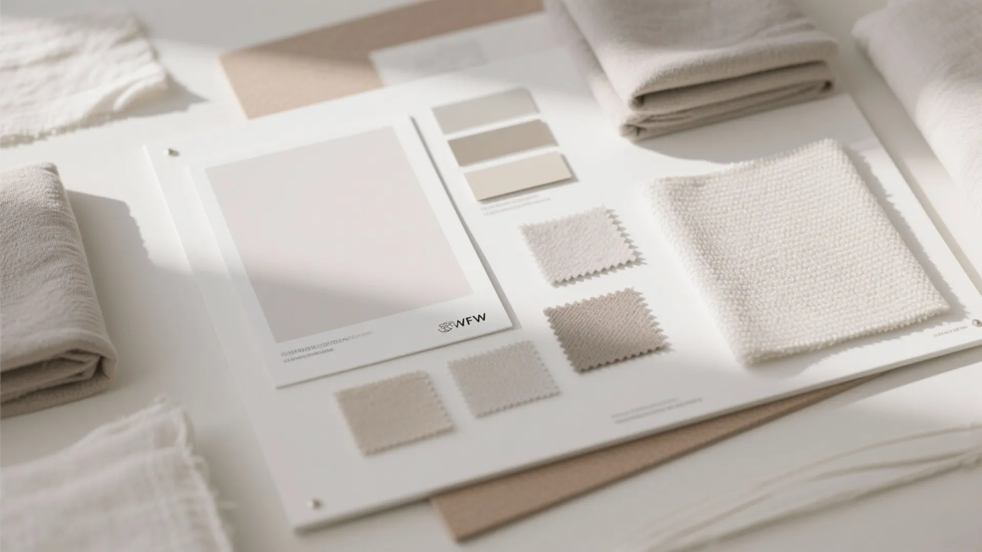 Interior design mood board showing neutral color paint samples and various soft beige fabric swatches