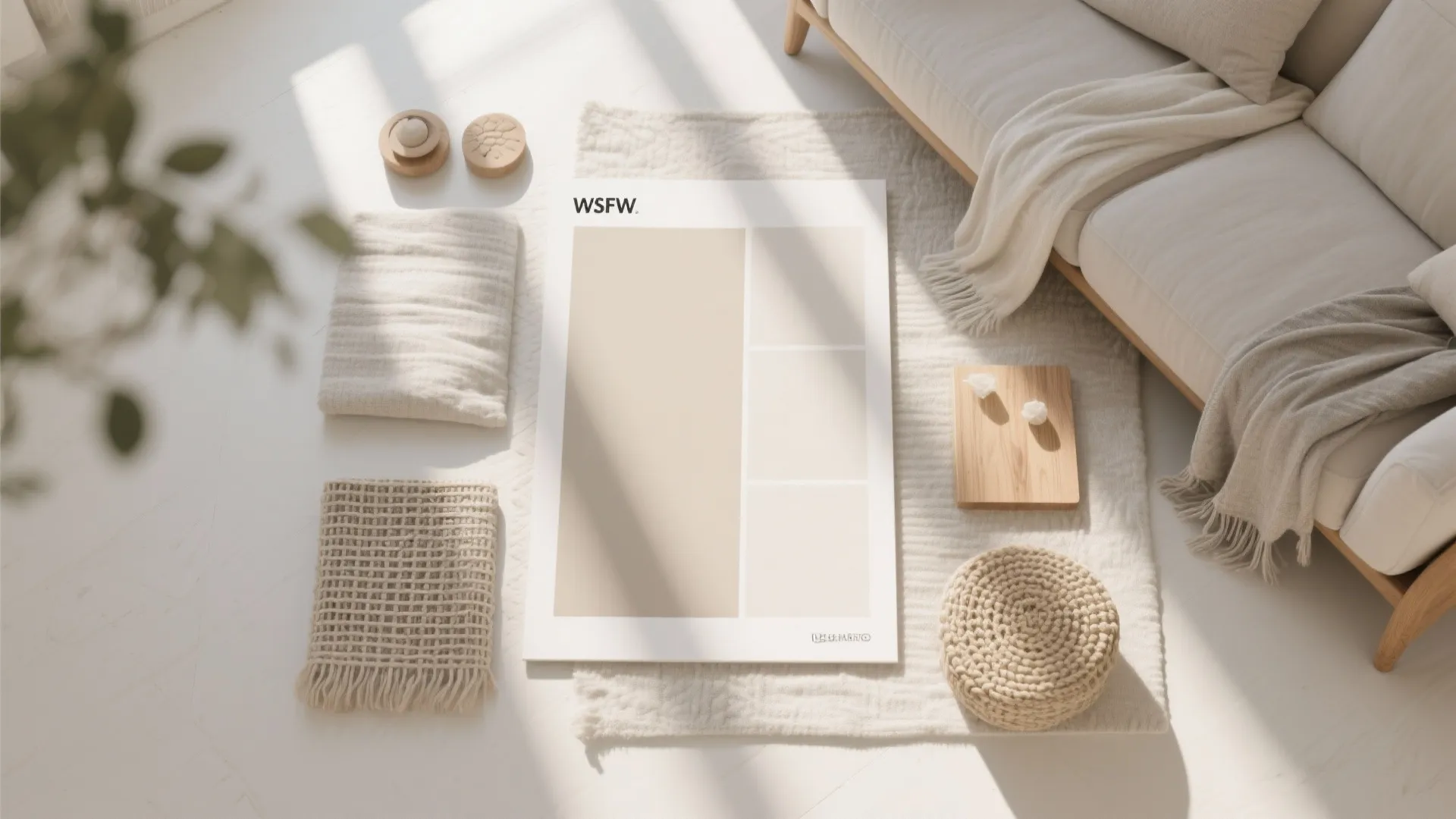 Flatlay of light and neutral fabrics and materials for a living room